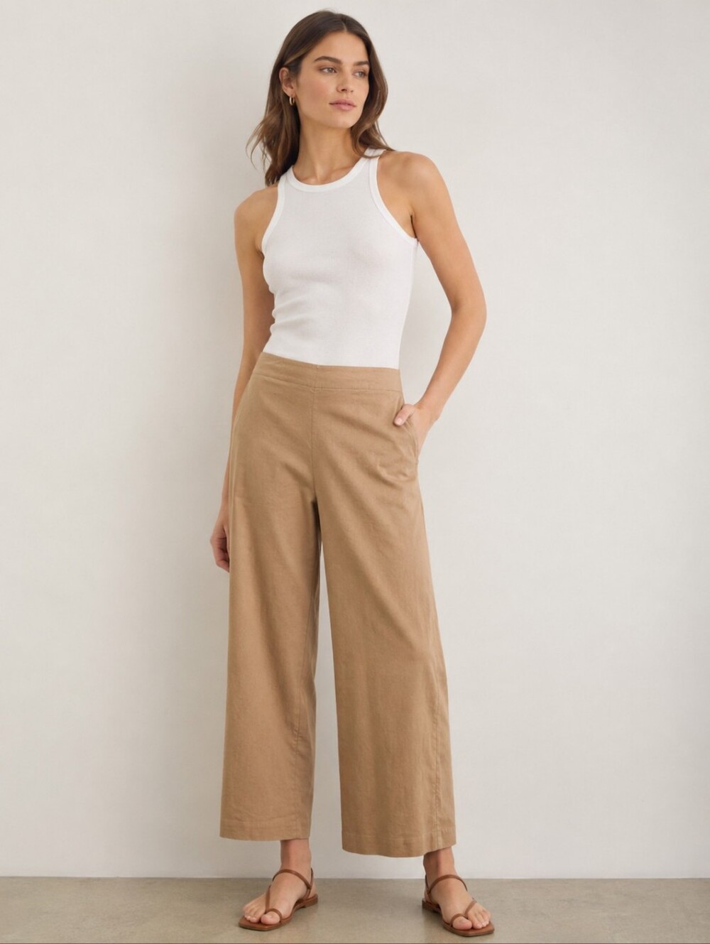 Vince Camel Linen Blend Wide Leg Cropped Pants Size 6 Pull-On Minimalist Career